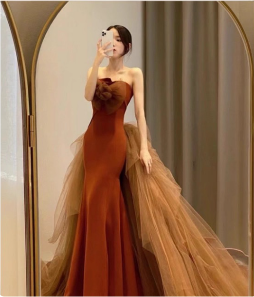 Elegant Caramel Brown Mermaid Strapless Tulle Satin Train Prom Dress Evening Dress P4598