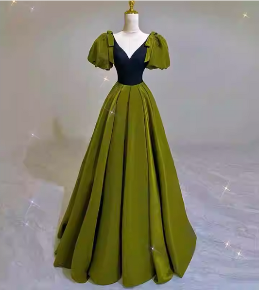 Vintage Green A-line V-neck Puff Sleeve Satin Long Prom Dress Evening Dress P4599