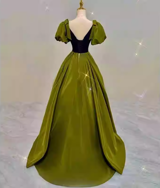 Vintage Green A-line V-neck Puff Sleeve Satin Long Prom Dress Evening Dress P4599