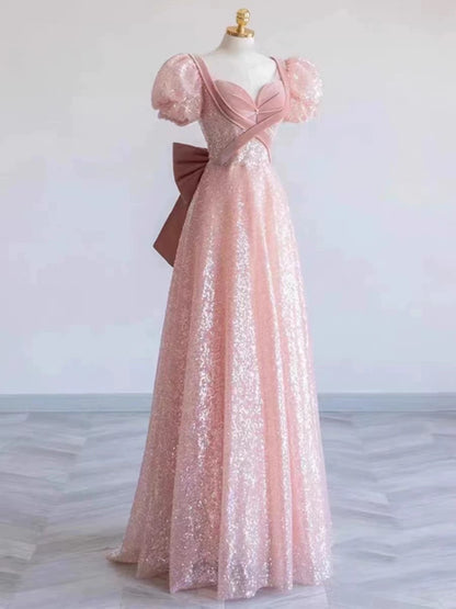 Princess A line Pink Short Sleeves Sequin Long Prom Dresses P1007   PreppyDress