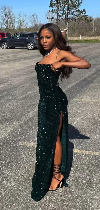 Robes de bal longues sirène à sequins vert foncé Tenues d'anniversaire pour le 22e anniversaire P430