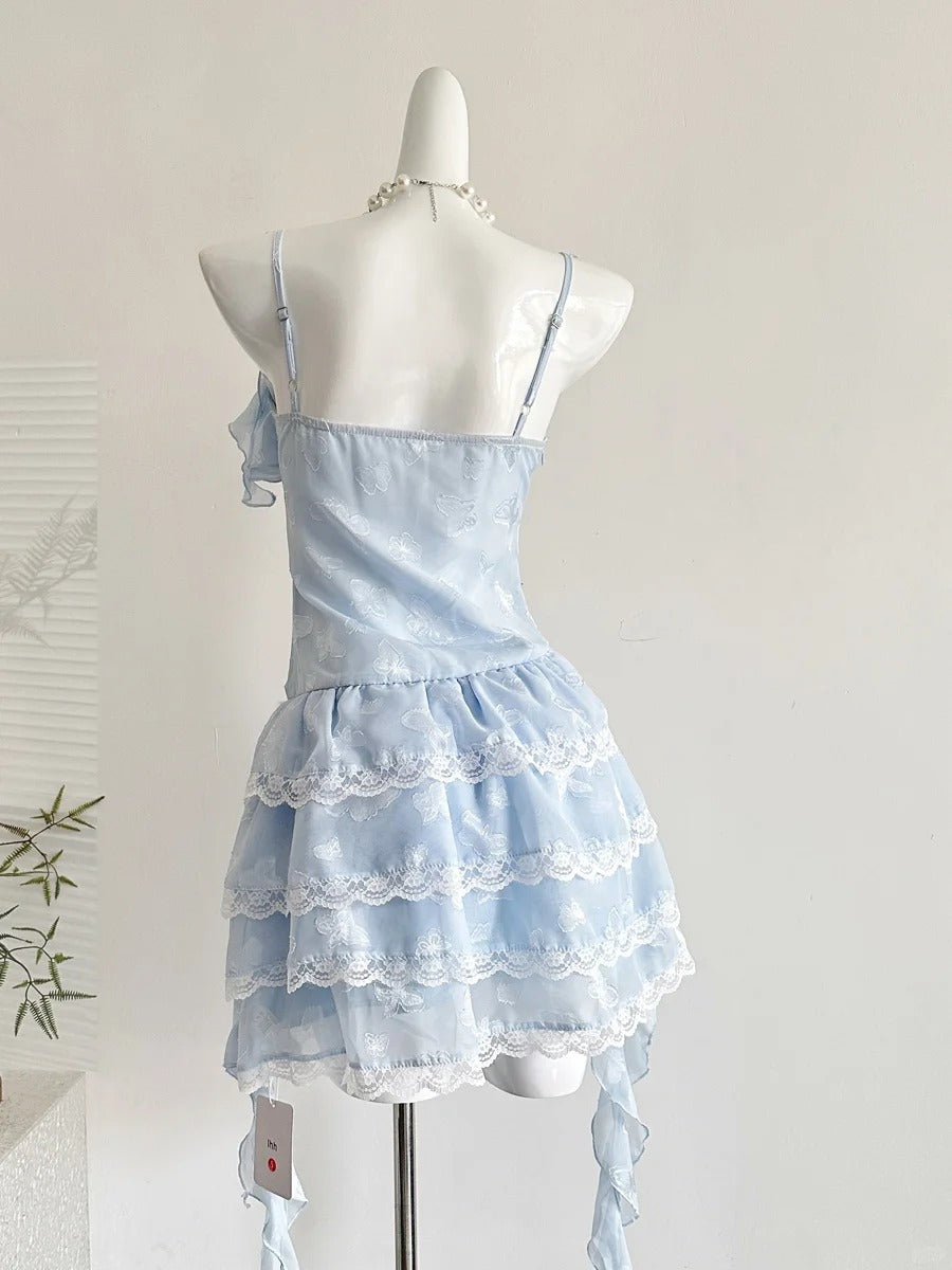 Sweet Light Blue Cake Skirt Multi-layer Lace Chiffon Short 16th Birthday Homecoming Dress P3994