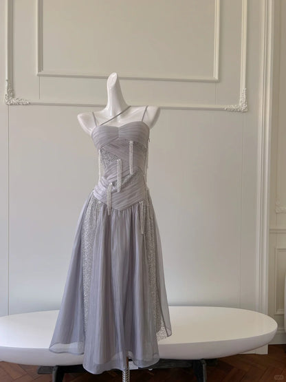 Glitzerndes A-Linien-Träger Pailletten Quasten Tüll Langes Ballkleid Abendkleid P4060