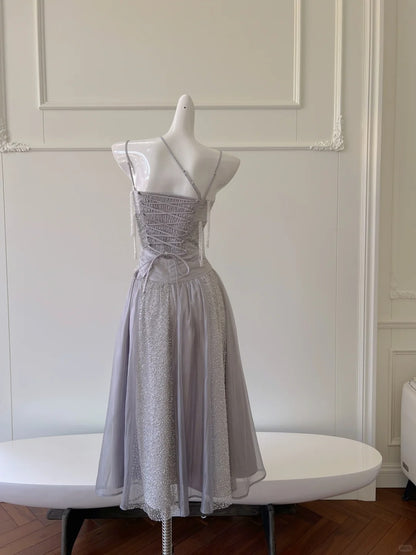 Glitzerndes A-Linien-Träger Pailletten Quasten Tüll Langes Ballkleid Abendkleid P4060