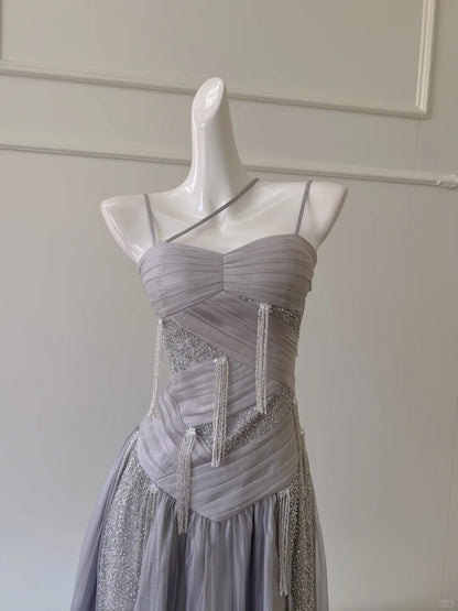 Glitzerndes A-Linien-Träger Pailletten Quasten Tüll Langes Ballkleid Abendkleid P4060