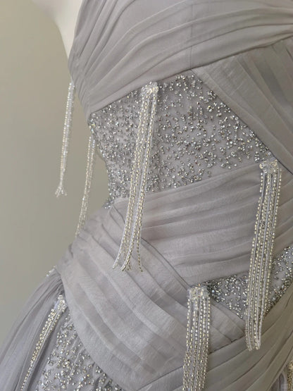 Glitzerndes A-Linien-Träger Pailletten Quasten Tüll Langes Ballkleid Abendkleid P4060