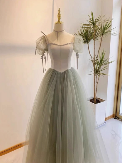 Wunderschönes erbsengrünes A-Linien-Ballkleid mit eckigem Ausschnitt, Puffärmeln, Tüll, bodenlang, Abendkleid, Brautjungfernkleid P4600