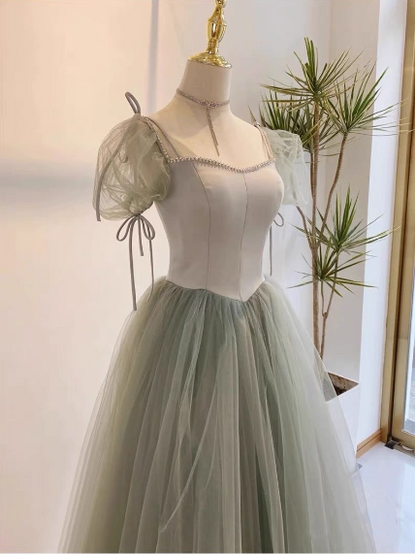 Wunderschönes erbsengrünes A-Linien-Ballkleid mit eckigem Ausschnitt, Puffärmeln, Tüll, bodenlang, Abendkleid, Brautjungfernkleid P4600