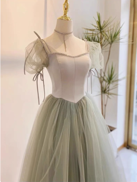 Beautiful Pea Green A-line Square Neck Puff Sleeve Tulle Long Prom Dress Evening Dress Bridesmaid Dress P4600