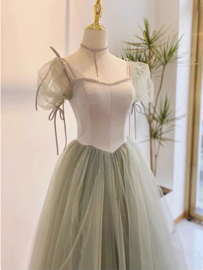 Wunderschönes erbsengrünes A-Linien-Ballkleid mit eckigem Ausschnitt, Puffärmeln, Tüll, bodenlang, Abendkleid, Brautjungfernkleid P4600