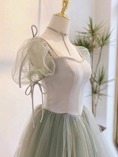 Wunderschönes erbsengrünes A-Linien-Ballkleid mit eckigem Ausschnitt, Puffärmeln, Tüll, bodenlang, Abendkleid, Brautjungfernkleid P4600