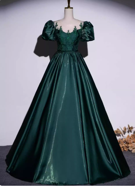 Vintage königliches smaragdgrünes A-Linien-Satin-Abendkleid mit Rundhalsausschnitt und Stickereien, langes Ballkleid P4601