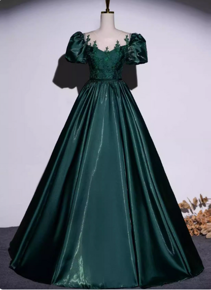 Vintage königliches smaragdgrünes A-Linien-Satin-Abendkleid mit Rundhalsausschnitt und Stickereien, langes Ballkleid P4601