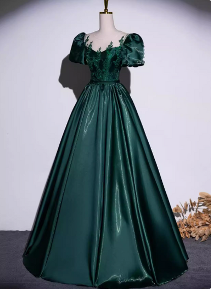 Vintage königliches smaragdgrünes A-Linien-Satin-Abendkleid mit Rundhalsausschnitt und Stickereien, langes Ballkleid P4601