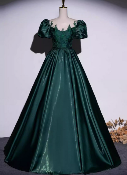 Vintage königliches smaragdgrünes A-Linien-Satin-Abendkleid mit Rundhalsausschnitt und Stickereien, langes Ballkleid P4601