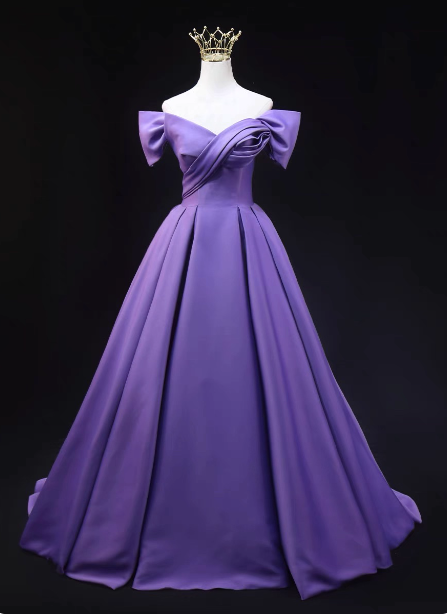 Elegantes lavendelfarbenes, schulterfreies Rüschen-Satin-langes Ballkleid Abendkleid P4602