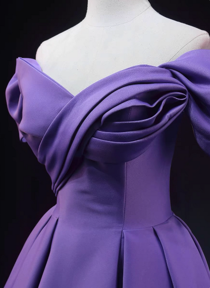 Elegantes lavendelfarbenes, schulterfreies Rüschen-Satin-langes Ballkleid Abendkleid P4602