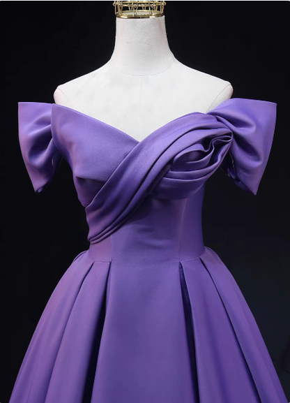 Elegantes lavendelfarbenes, schulterfreies Rüschen-Satin-langes Ballkleid Abendkleid P4602