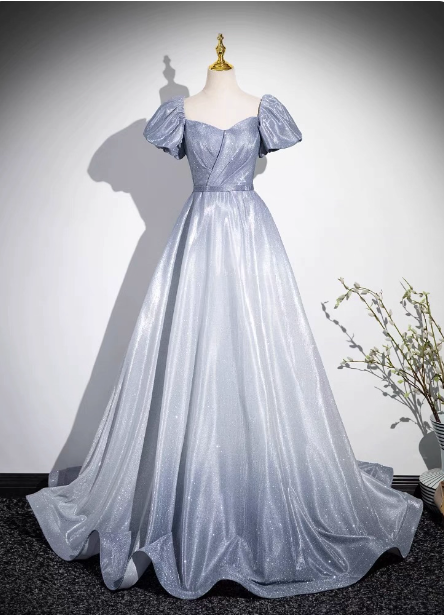 Dreamy Gradient Silver-Gray Puff Sleeve Glitter Satin Long Prom Dress Evening Dress P4603