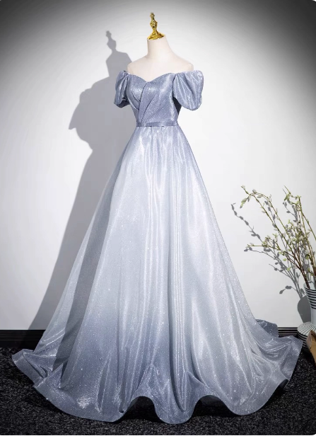 Dreamy Gradient Silver-Gray Puff Sleeve Glitter Satin Long Prom Dress Evening Dress P4603