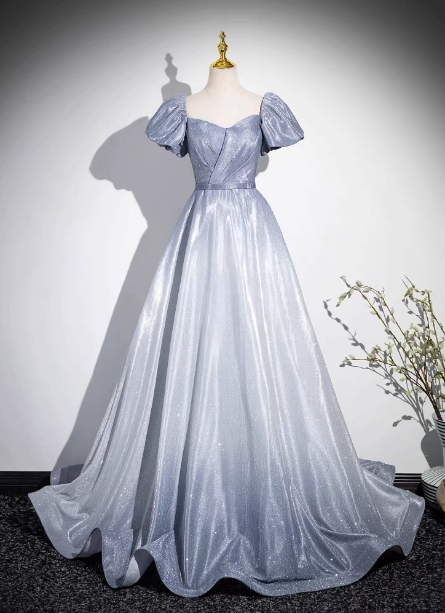 Dreamy Gradient Silver-Gray Puff Sleeve Glitter Satin Long Prom Dress Evening Dress P4603