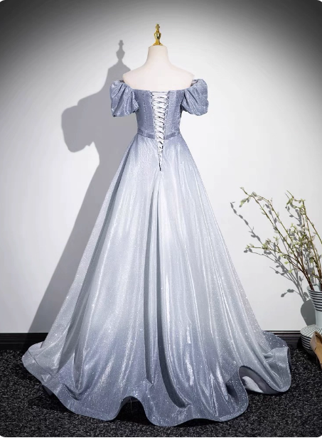 Dreamy Gradient Silver-Gray Puff Sleeve Glitter Satin Long Prom Dress Evening Dress P4603