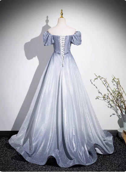 Dreamy Gradient Silver-Gray Puff Sleeve Glitter Satin Long Prom Dress Evening Dress P4603