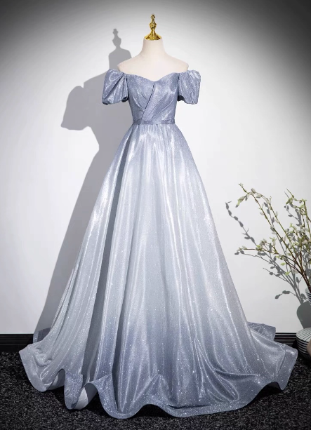 Dreamy Gradient Silver-Gray Puff Sleeve Glitter Satin Long Prom Dress Evening Dress P4603