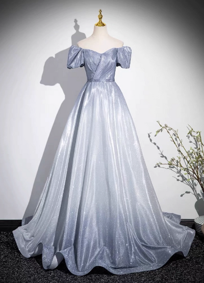 Dreamy Gradient Silver-Gray Puff Sleeve Glitter Satin Long Prom Dress Evening Dress P4603