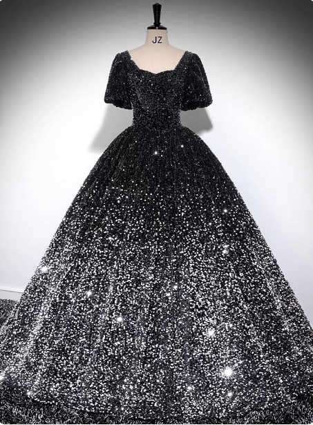 Luxuriöses, glänzend schwarz-silbernes Gradient A-Linie Kurzarm-Pailletten-Ballkleid Abendkleid P4606