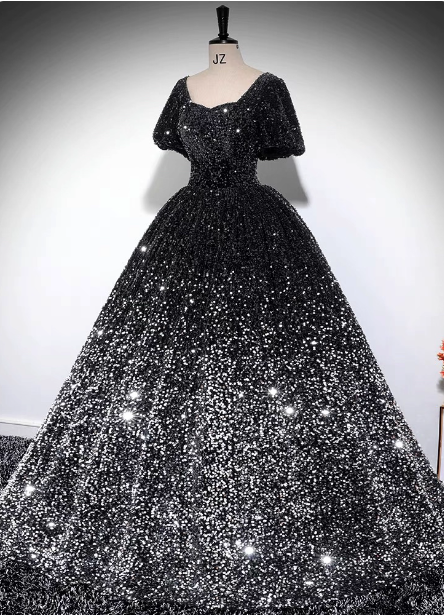 Luxuriöses, glänzend schwarz-silbernes Gradient A-Linie Kurzarm-Pailletten-Ballkleid Abendkleid P4606