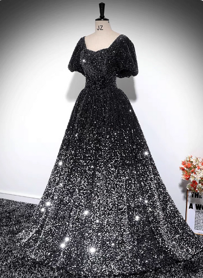 Luxuriöses, glänzend schwarz-silbernes Gradient A-Linie Kurzarm-Pailletten-Ballkleid Abendkleid P4606