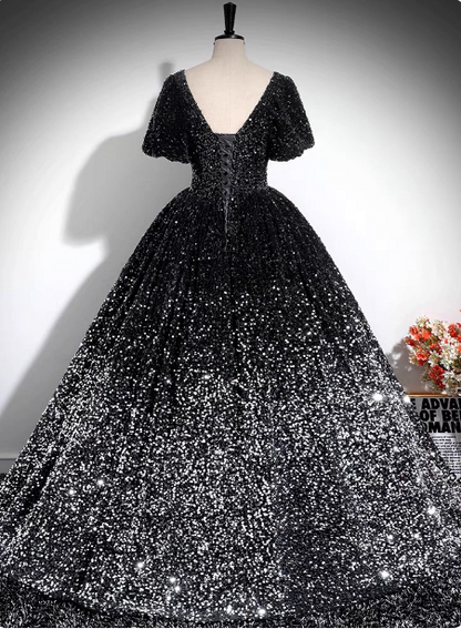 Luxuriöses, glänzend schwarz-silbernes Gradient A-Linie Kurzarm-Pailletten-Ballkleid Abendkleid P4606