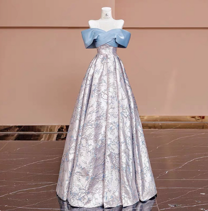 Elegantes Jacquard-Satin Off-Shoulder langes Ballkleid Abendkleid P4607