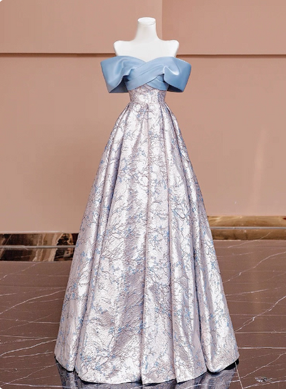 Elegantes Jacquard-Satin Off-Shoulder langes Ballkleid Abendkleid P4607