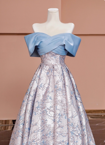 Elegantes Jacquard-Satin Off-Shoulder langes Ballkleid Abendkleid P4607