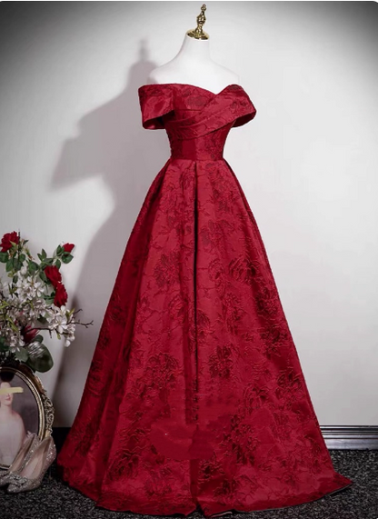 Vintage Burgunderrotes A-Linien-Off-Shoulder Jacquard-Satin Langes Ballkleid Abendkleid P4608