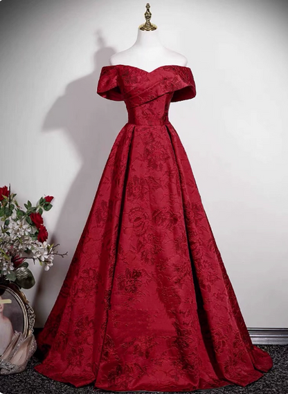 Vintage Burgunderrotes A-Linien-Off-Shoulder Jacquard-Satin Langes Ballkleid Abendkleid P4608