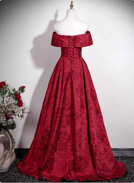 Vintage Burgunderrotes A-Linien-Off-Shoulder Jacquard-Satin Langes Ballkleid Abendkleid P4608