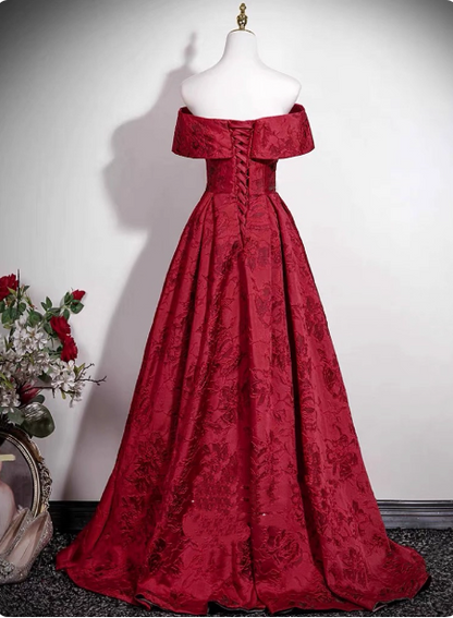 Vintage Burgunderrotes A-Linien-Off-Shoulder Jacquard-Satin Langes Ballkleid Abendkleid P4608