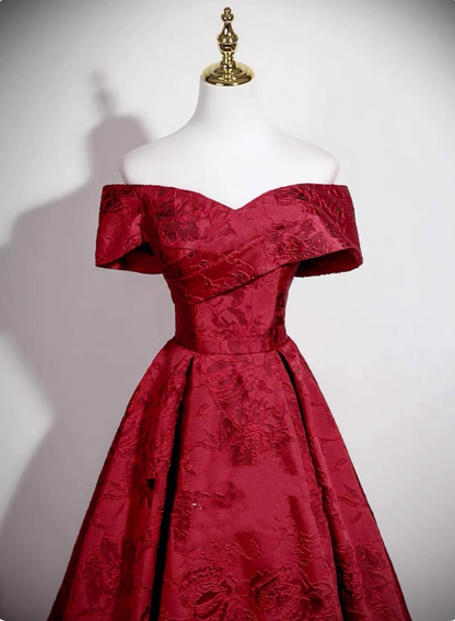 Vintage Burgunderrotes A-Linien-Off-Shoulder Jacquard-Satin Langes Ballkleid Abendkleid P4608