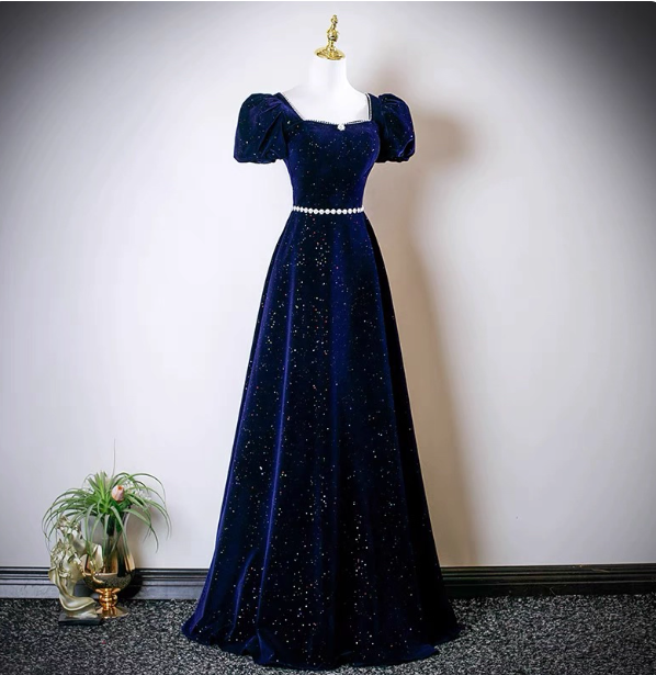 Vintage A-Linie Marineblau Quadratischer Ausschnitt Kurzarm Glitzer-Satin Langes Ballkleid Abendkleid P4609