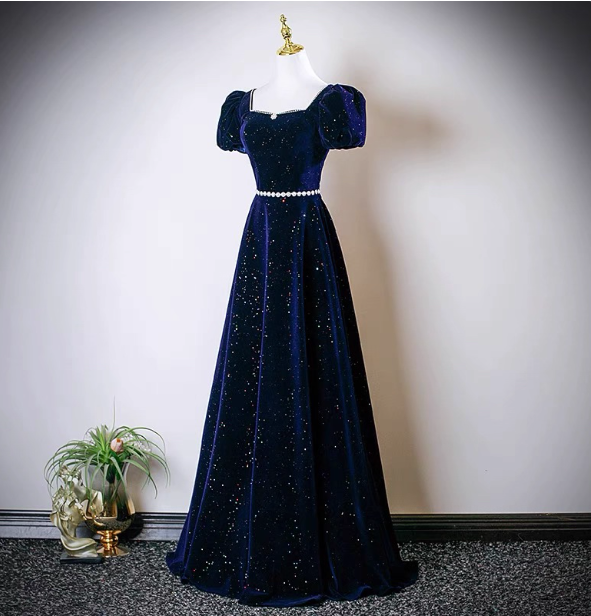 Vintage A-Linie Marineblau Quadratischer Ausschnitt Kurzarm Glitzer-Satin Langes Ballkleid Abendkleid P4609