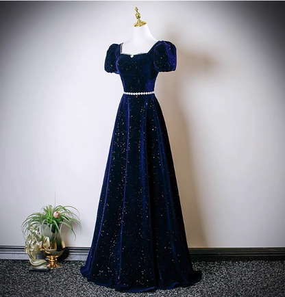 Vintage A-Linie Marineblau Quadratischer Ausschnitt Kurzarm Glitzer-Satin Langes Ballkleid Abendkleid P4609