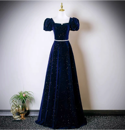 Vintage A-Linie Marineblau Quadratischer Ausschnitt Kurzarm Glitzer-Satin Langes Ballkleid Abendkleid P4609