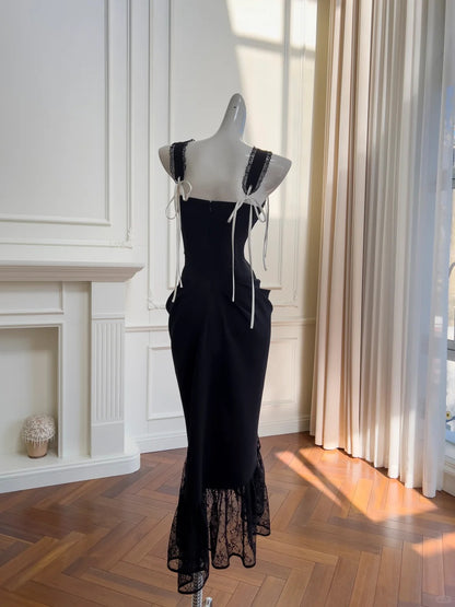 Vintage schwarzes Meerjungfrauen-Abendkleid aus Spitze und Satin P4061