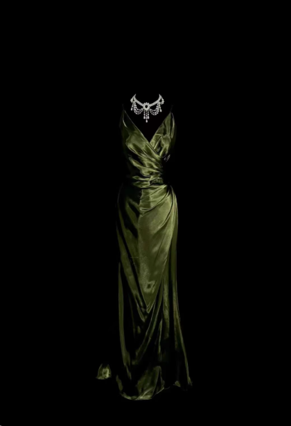 Robe de bal longue en satin à volants et col en V vert émeraude vintage P4612
