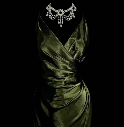 Vintage Smaragdgrünes V-Ausschnitt Rüschen Satin Langes Ballkleid Abendkleid P4612