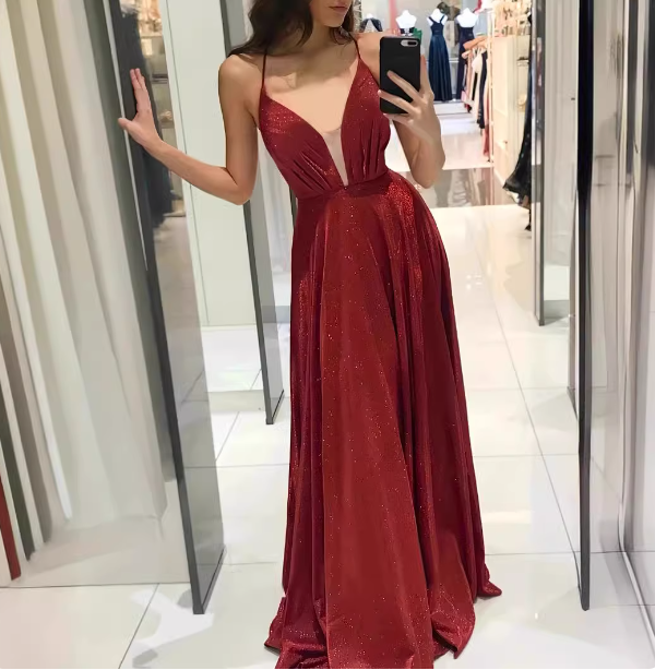 Sexy weinrotes A-Linien-Abendkleid mit V-Ausschnitt, überkreuztem Rücken und schimmerndem Satin P4616