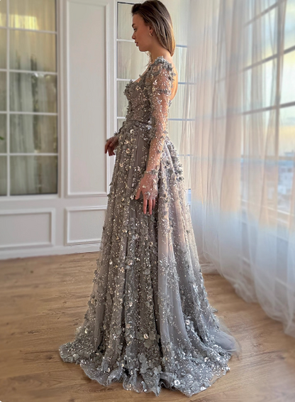 Verträumtes graues A-Linien-Kleid mit eckigem Ausschnitt, langen Ärmeln und 3D-Blumen-Pailletten aus Tüll, langes Ballkleid Abendkleid P4619
